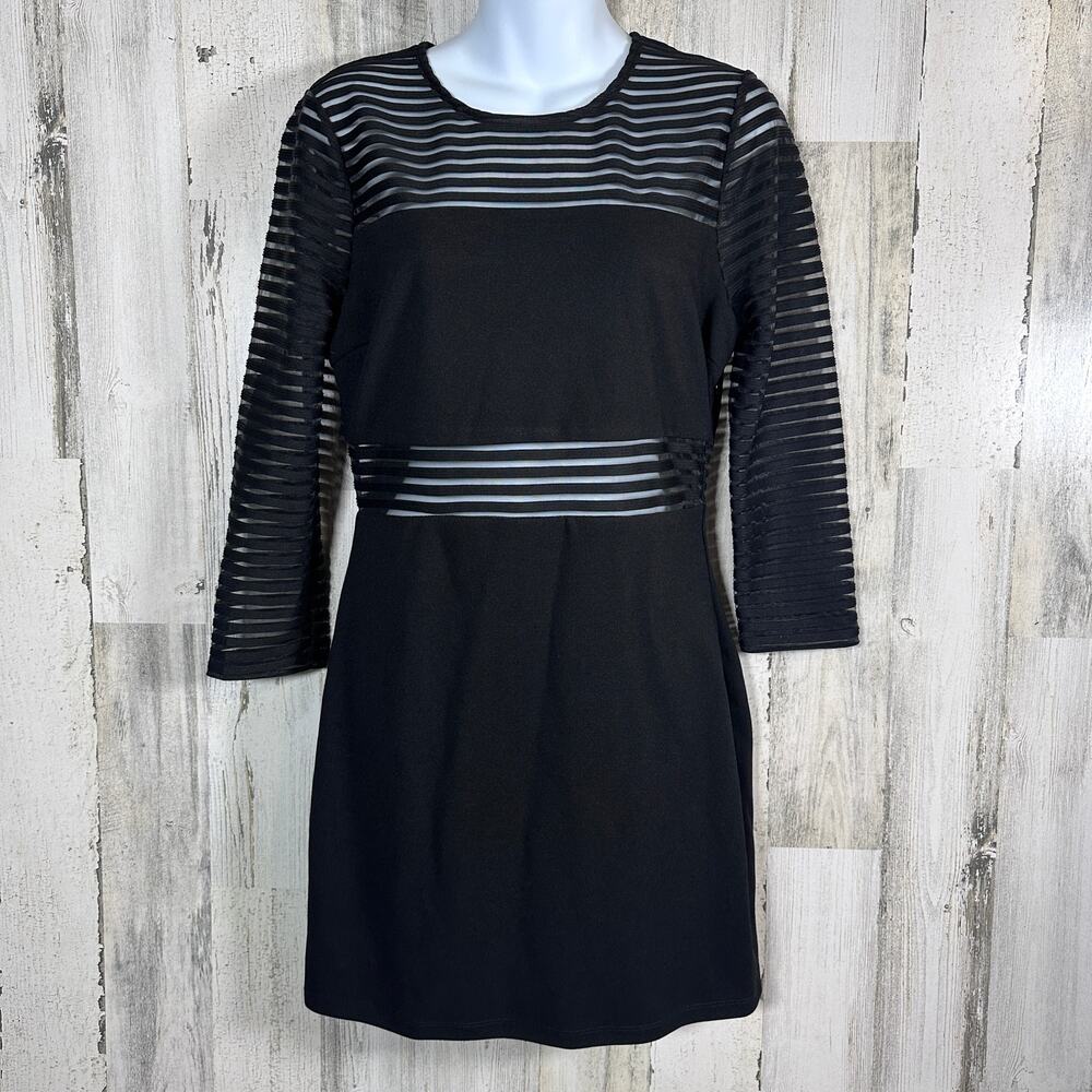 Lulu’s Black Bandage Bodycon Dress – Mesh Stripe Panel See-Through – Size M